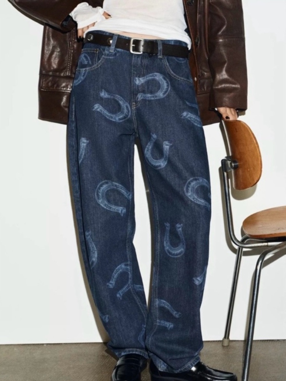 Zara Dark Blue Straight-Leg Horseshoe Printed Cowboy Western Denim Jeans - Picture 7 of 12